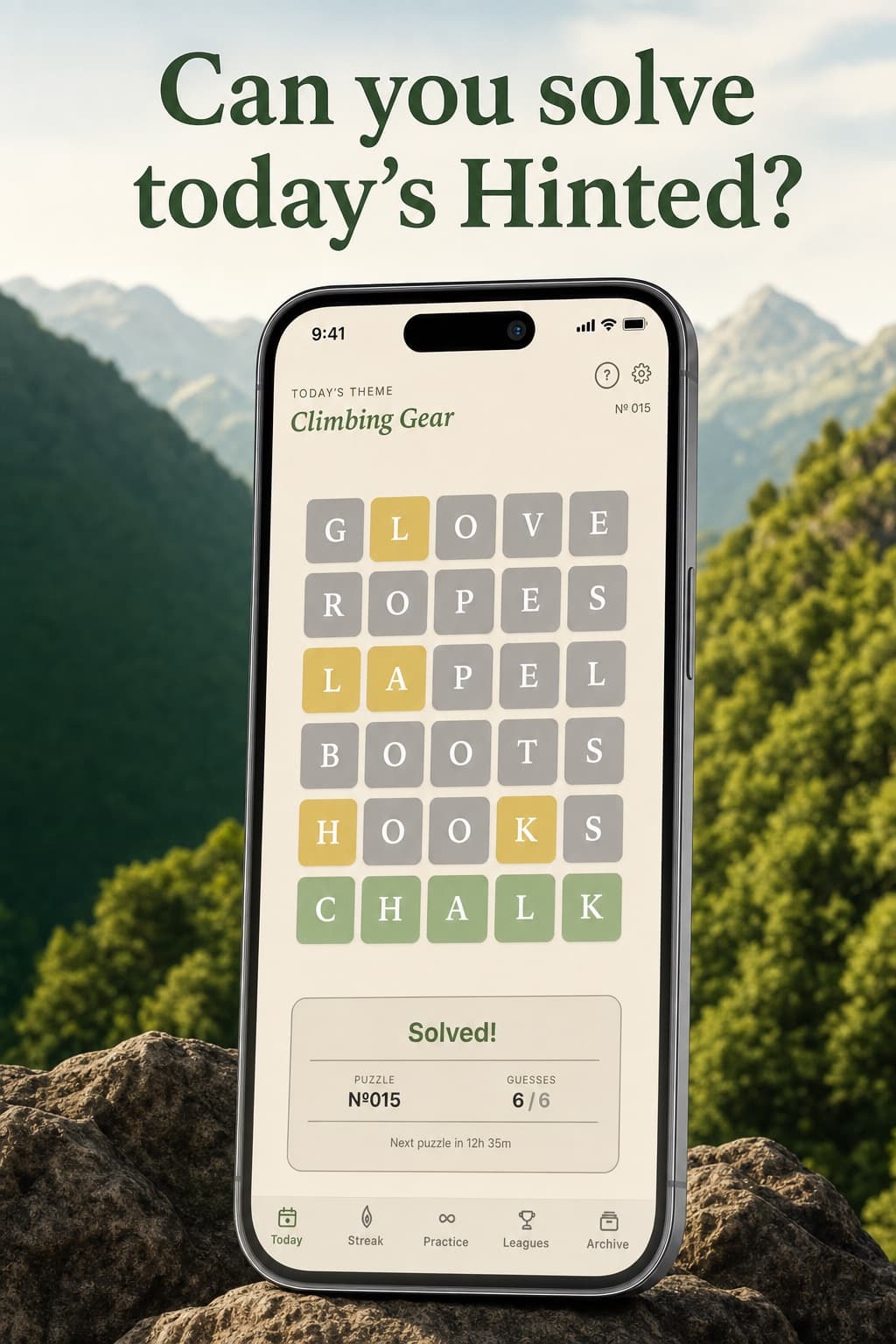 Hinted daily puzzle — Climbing Gear theme with solved grid showing GLOVE, ROPES, LAPEL, BOOTS, HOOKS, CHALK