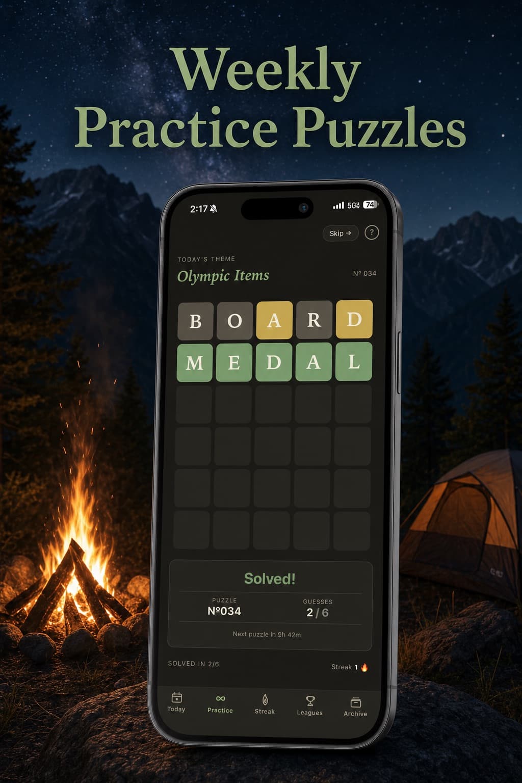 Hinted practice mode — Olympic Items theme in dark mode