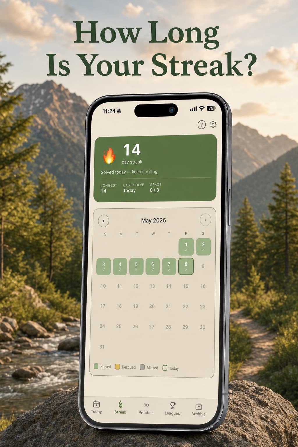 Hinted streak tracker showing a 14-day streak with calendar view